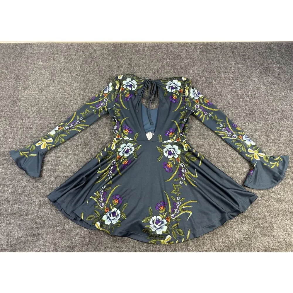 Free People In The Flowers Embroidered Mini Dress Gray Floral Bell Sleeve